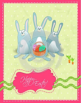 Happy Easter postcard with rabbits and basket