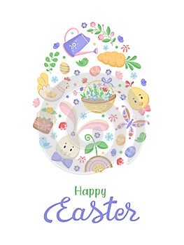 Happy Easter postcard. Set of cute holiday elements on white background. Rabbit, eggs, chick, hen, Easter cake and basket with