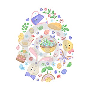 Happy Easter postcard. Set of cute holiday elements on white background. Rabbit, eggs, chick, hen, Easter cake and basket with