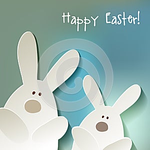 Happy Easter Postcard two Bunnies on a blue bokeh fog background.
