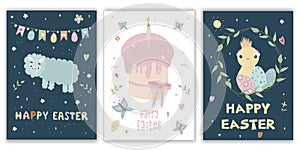 Happy Easter postcards. A set of vector Easter illustrations. Easter cake, lamb, chicken. Perfect for a poster, cover