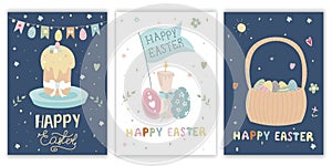Happy Easter postcards. A set of vector Easter illustrations. Easter eggs, cakes and candles. Perfect for a poster