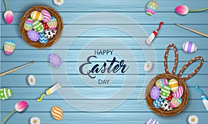 Happy easter poster with colorful eggs, flowers and tempera tubes on wooden background