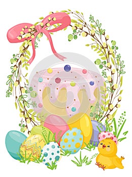 Happy Easter poster, postcard with funny chickens, realistic Easter eggs, Easter cake, in a wreath of willow branches