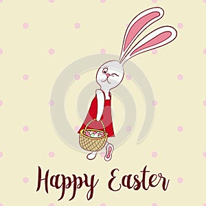 Happy easter poster, rabbit girl keeps egg bascet