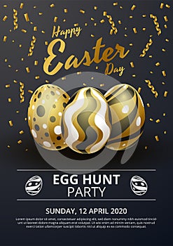 Happy Easter poster template with realistic golden eggs and confetti.