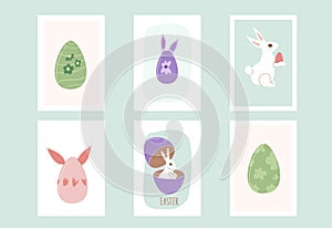 Happy Easter posters set templates. Rabbit with eggs, flowers vertical banners. Spring holiday greeting cards collection. Vector