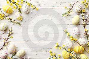 Happy easter Presentation space Eggs Traditions Basket. White patterned eggs Bunny Scripted sentiment. Emerald background
