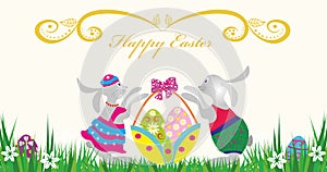 Happy Easter.Rabbit with a basket of eggs