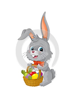 The happy easter rabbit with basket full of eggs on white background