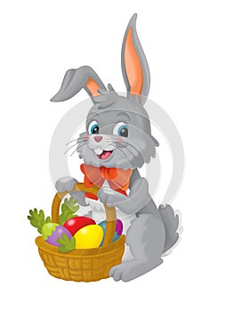 The happy easter rabbit with basket full of eggs on white background