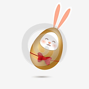 Happy Easter. Easter Rabbit Bunny in an realistic egg isolated. Cute, funny cartoon rabbit character with gold Paschal