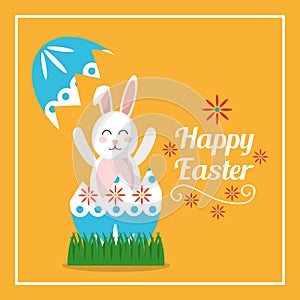 Happy easter rabbit inside broken egg card