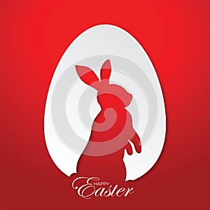Happy easter rabbit in white egg on red background.
