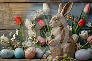 Happy easter Rainbow Eggs Chocolate eggs Basket. White Rose Frost Bunny spring recreation. Decorate background wallpaper