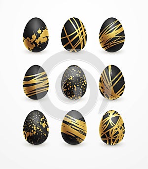 Happy Easter realistic black and golden shine decorated eggs set. Vector illustration