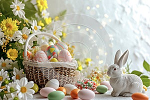 Happy easter rebirth Eggs Aromatic herbs Basket. White rose dawn Bunny easter joy. furry background wallpaper