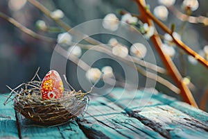 Happy easter red camellia Eggs Marigold petals Basket. White hyacinths Bunny Easter bunny. Illustration Magazine background