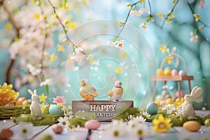 Happy easter Red Jasmine Eggs Easter bunny ears Basket. White Commemoration Bunny Gratitude. Easter table runner background photo
