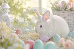 Happy easter Red Marigold Eggs Pure Basket. White reflection Bunny springtime. hollyhocks background wallpaper