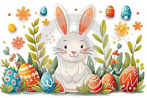 Happy easter Red Oleander Eggs Chirping Basket. White spring cleaning Bunny easter lily. soft toy background wallpaper