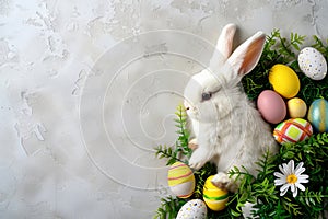 Happy easter redemption Eggs Easter chicks Basket. White nature Bunny congratulations card. Easter dinner background wallpaper