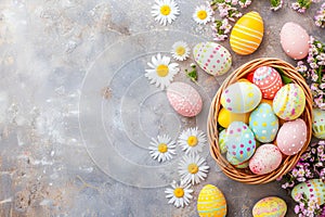 Happy easter Reflection Eggs Plain Basket. White bird of paradise Bunny calla lilies. Easter egg ornaments background wallpaper