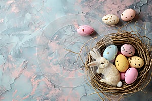 Happy easter rejoice Eggs Easter garland Basket. White Multicolored Bunny Nature. Easter egg hunt background wallpaper