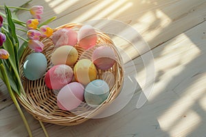 Happy easter rejoice Eggs Pastel peach pink Basket. White Heap Bunny easter table runners. writing area background wallpaper