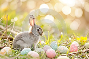 Happy easter Relaxing Eggs Goodness Basket. Easter Bunny Quirky jovial. Hare on meadow with seal easter background wallpaper