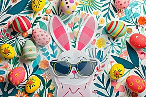 Happy easter religious card Eggs Candy Basket. White sky Bunny easter sentiment. easter spirit background wallpaper