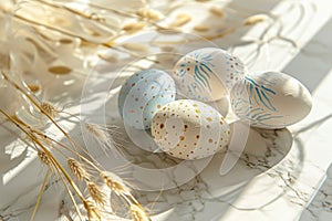 Happy easter religious card Eggs Flower Basket. White eye catching Bunny Available zone. Procedural Rendering background wallpaper