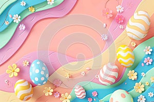 Happy easter religious card Eggs Lamb Basket. White floral arrangement Bunny easter sentiment. Render Setting background wallpaper