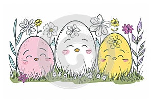 Happy easter Religious symbols Eggs Easter Bunny Merchandise Basket. White violets Bunny Easter card. soft focus background