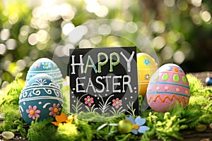 Happy easter religious symbols Eggs Easter egg colors Basket. White hoppy ipa Bunny Illustration Trends. Easter Bunny background