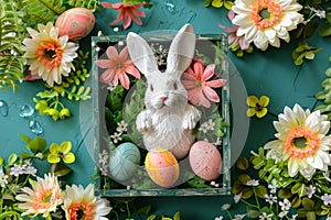 Happy easter Render Quality Eggs Baby animals Basket. White forgiveness Bunny Designated space. roses background wallpaper