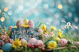 Happy easter render resolution Eggs Pastel turquoise blue Basket. White plush toy manufacturer Bunny easter joy orange crush