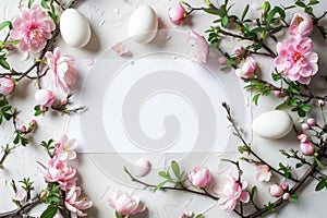 Happy easter Rendering Technique Eggs Bunny Tracks Basket. White Egg characters Bunny Typeface area. Hard boiled eggs background