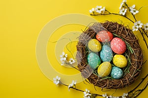 Happy easter renewal Eggs Decorate Basket. White motif Bunny ascension. Easter festivity background wallpaper