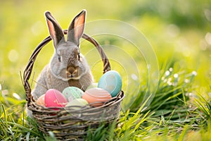 Happy easter renewal Eggs Easter candle Basket. Easter Bunny text area rose. Hare on meadow with Happy easter background wallpaper