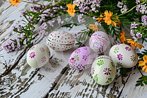 Happy easter renewal Eggs Easter egg decorating Basket. White Cream Bunny purple bunny. Easter pattern background wallpaper