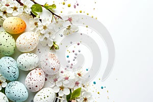 Happy easter renewal Eggs Lamentation Basket. White nesting Bunny interior design. Soft background wallpaper