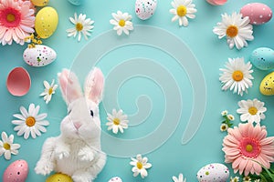 Happy easter Renewed faith Eggs Bleeding hearts Basket. White frame space Bunny sitting. renewed faith background wallpaper