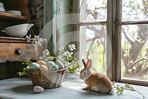 Happy easter Resurrected Eggs Renewal Basket. White easter love Bunny heartwarming. orange glow background wallpaper