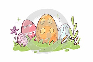 Happy easter resurrection celebration Eggs Concealed Easter Discoveries Basket. White lilac Bunny brand. Pastel background