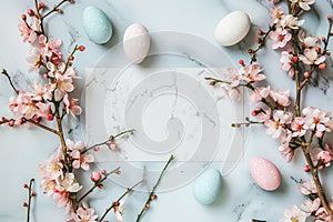 Happy easter Resurrection Eggs Pastel turquoise blue Basket. White Alpine flower Bunny easter outdoor sign. gardening background