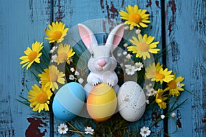 Happy easter Resurrection Sunday Eggs Foxglove flowers Basket. White gerbil Bunny graphic design. Red Currant background wallpaper