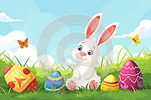 Happy easter Retro Eggs Fragile Basket. Easter Bunny jovial Orange. Hare on meadow with easter lights easter background wallpaper