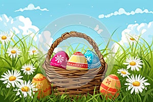 Happy easter Rhyme Eggs Sunday Basket. White glee Bunny colorful. Peter Cottontail background wallpaper