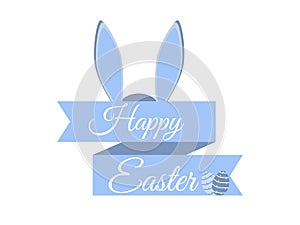 Happy easter. Ribbon, Easter eggs and rabbit ears on a white background. Vector